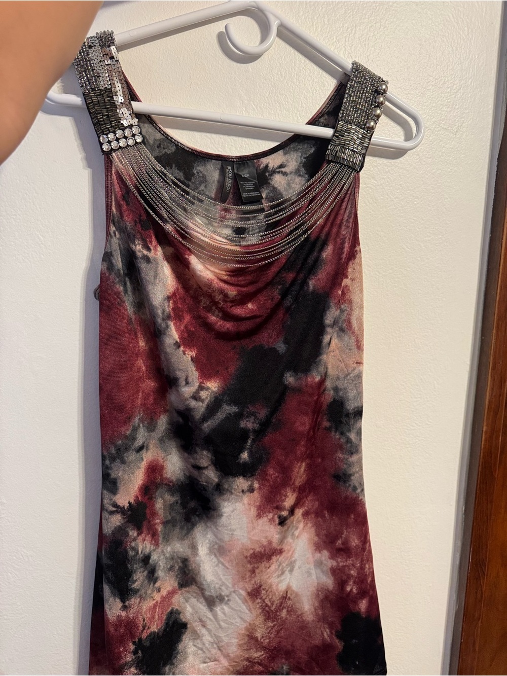 Bisou Bisou Burgundy and Black Tie-Dye Cowl Neck Tank with Beaded Straps